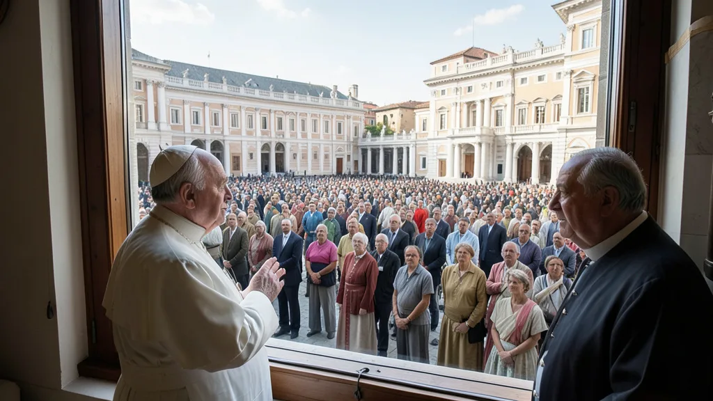 Imagem gerada por IA: Papa Leão XIV aparece na janela do Palácio Apostólico diante de fiéis reunidos na Praça São Pedro.