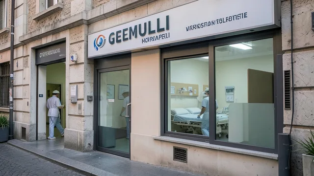 Imagem gerada por IA: Exterior do hospital Gemelli, em Roma, onde o papa Leão XIV se recupera após cirurgia no pulmão.