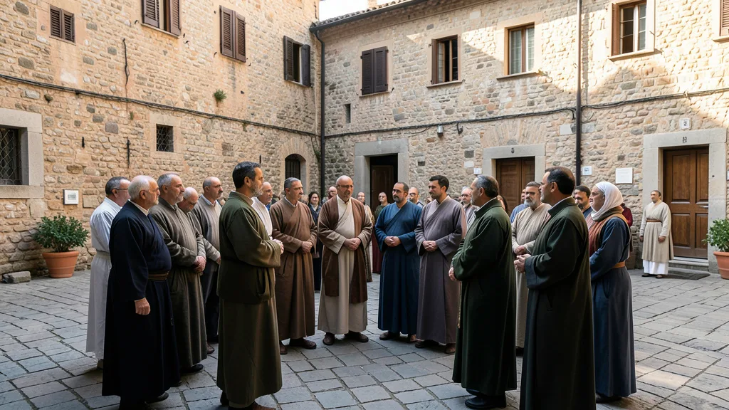 Imagem gerada por IA: Líderes religiosos de diferentes tradições reunidos em um pátio histórico de Assis.