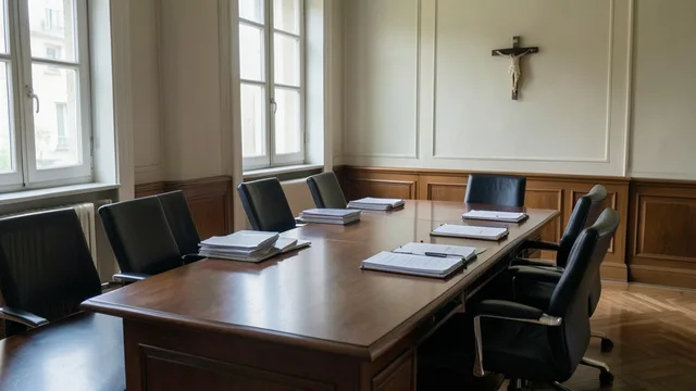Imagem gerada por IA: Sala de reunião no Vaticano preparada para atividades administrativas, com mesa, cadeiras e pastas.