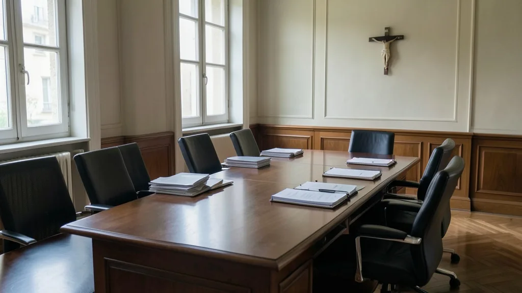 Imagem gerada por IA: Sala de reunião no Vaticano preparada para atividades administrativas, com mesa, cadeiras e pastas.