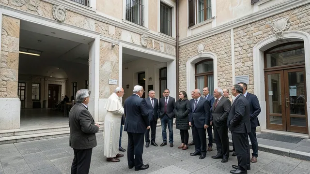 Imagem gerada por IA: Pessoas reunidas do lado de fora do Hospital Gemelli, em Roma, após a cirurgia do papa Leão XIV.