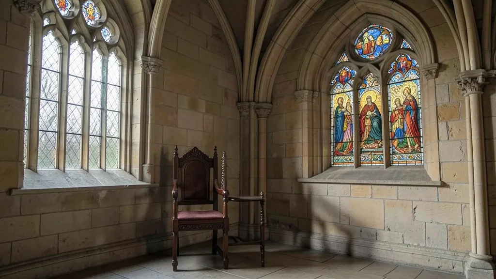 Imagem gerada por IA: Cadeira cerimonial vazia no interior gótico da Capela de São Jorge, em Windsor.