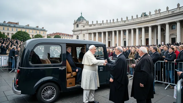Imagem gerada por IA: Papa Leão XIV acena aos peregrinos de um papamóvel aberto na Praça de São Pedro.