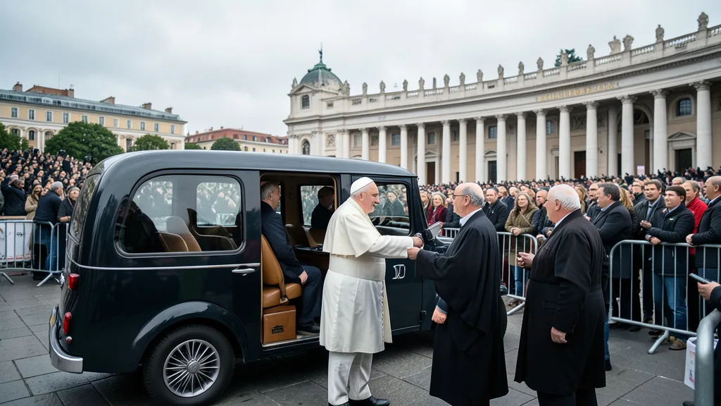 Imagem gerada por IA: Papa Leão XIV acena aos peregrinos de um papamóvel aberto na Praça de São Pedro.