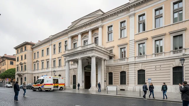 Imagem gerada por IA: Entrada de um hospital universitário em Roma, com pedestres ao fundo.