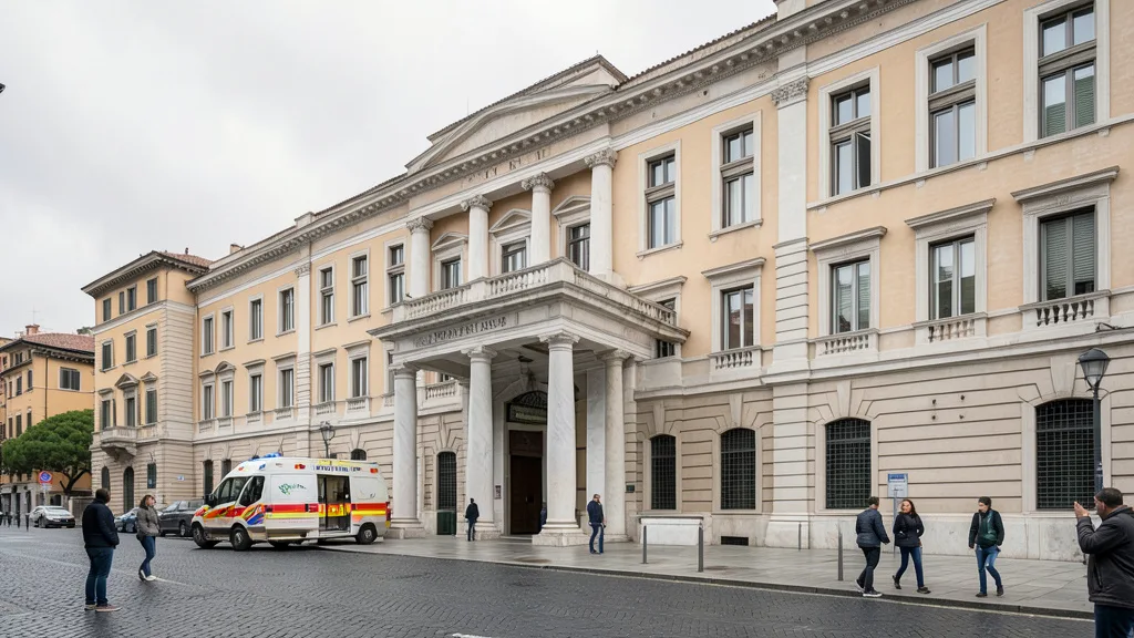 Imagem gerada por IA: Entrada de um hospital universitário em Roma, com pedestres ao fundo.