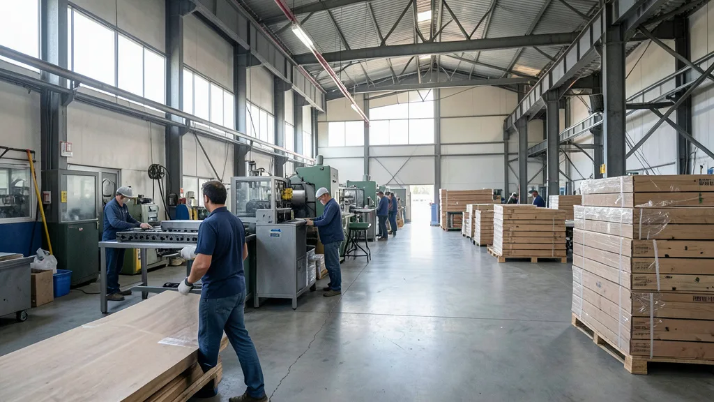 Imagem gerada por IA: Interior de uma fábrica moderna no Paraguai, com máquinas e trabalhadores ao fundo.