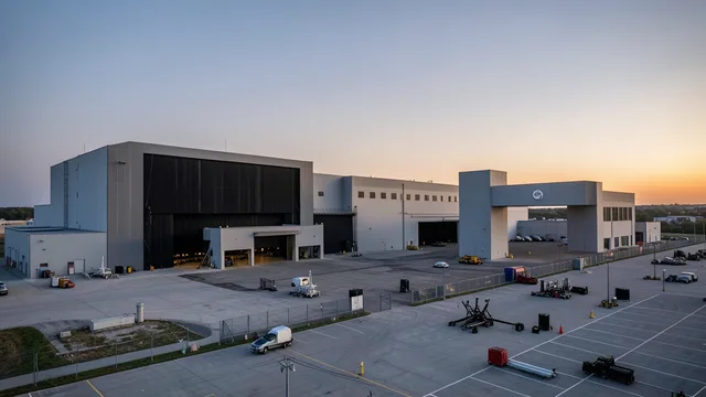 Estúdios de cinema e equipamentos de produção em um complexo audiovisual ao entardecer.