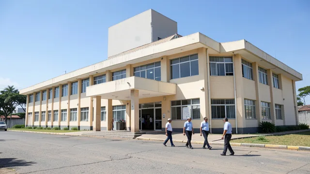 Imagem gerada por IA: Prédio de administração pública estadual com pessoas caminhando perto da entrada.