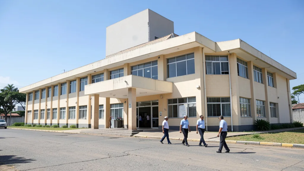 Imagem gerada por IA: Prédio de administração pública estadual com pessoas caminhando perto da entrada.