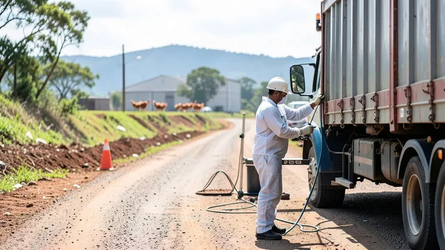 Imagem gerada por IA: Fiscal inspeciona caminhão que transporta aves em uma estrada rural.