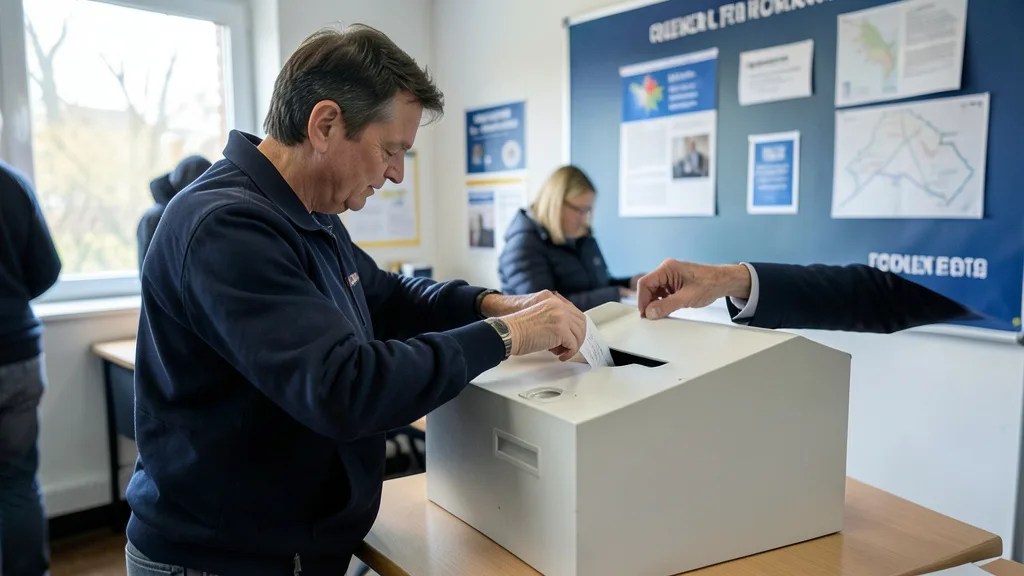 Imagem gerada por IA: Eleitor deposita uma cédula em uma urna durante a eleição provincial de Quebec.