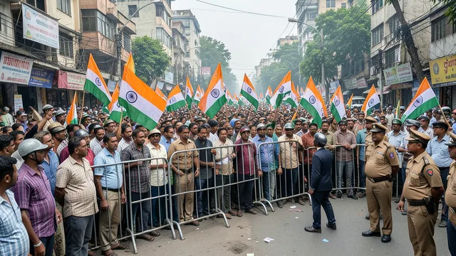 Imagem gerada por IA: Manifestantes com bandeiras indianas atrás de barricadas metálicas em uma rua de Nova Déli.
