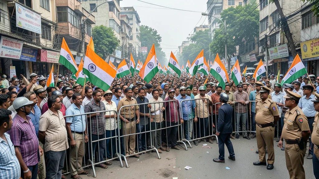 Imagem gerada por IA: Manifestantes com bandeiras indianas atrás de barricadas metálicas em uma rua de Nova Déli.