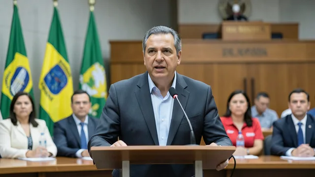 Imagem gerada por IA: Coletiva de imprensa de um partido político em ambiente institucional.