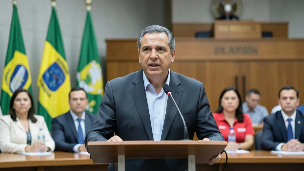 Imagem gerada por IA: Coletiva de imprensa de um partido político em ambiente institucional.