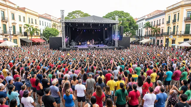 Imagem gerada por IA: Palco montado para um ato musical ao ar livre, com instrumentos e público reunido.