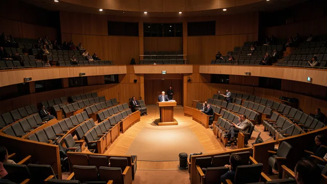 Imagem gerada por IA: Plenário do Parlamento de Israel, com fileiras de assentos e a tribuna ao fundo.