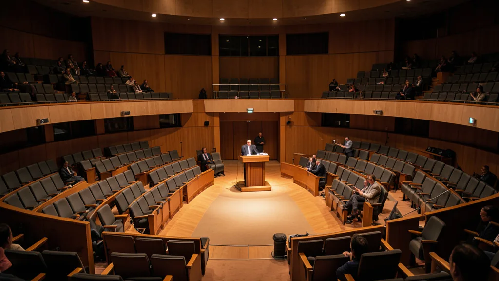 Imagem gerada por IA: Plenário do Parlamento de Israel, com fileiras de assentos e a tribuna ao fundo.