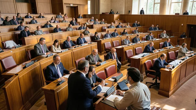 Imagem gerada por IA: Vista da câmara do Parlamento de Israel, com parlamentares conversando entre as fileiras de assentos.