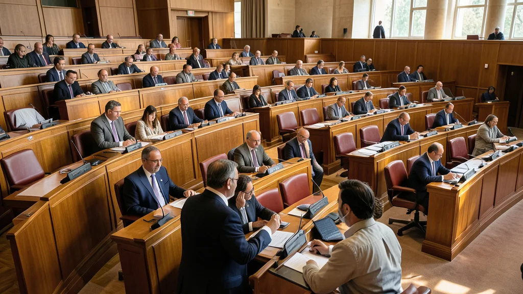 Imagem gerada por IA: Vista da câmara do Parlamento de Israel, com parlamentares conversando entre as fileiras de assentos.