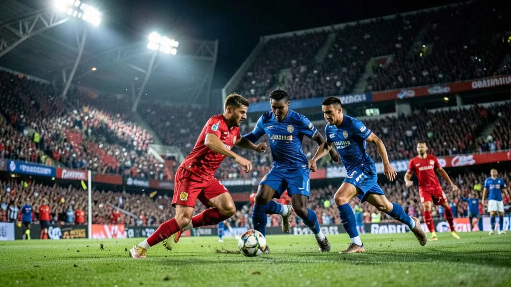 Imagem gerada por IA: Jogadores disputam a bola em campo durante uma partida de futebol com arquibancadas cheias.