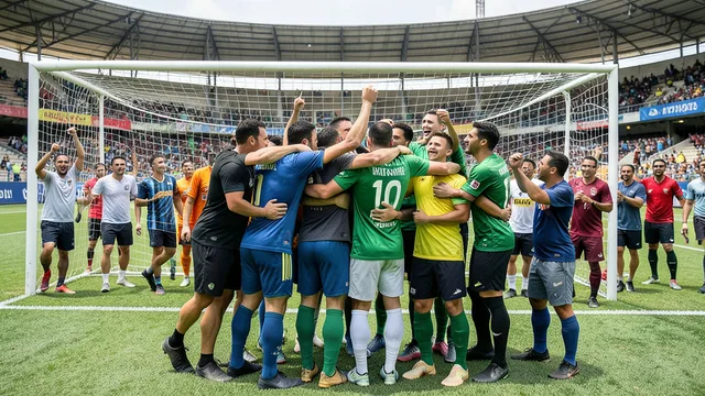 Imagem gerada por IA: Jogadores comemoram no campo após uma vitória decisiva no futebol gaúcho.