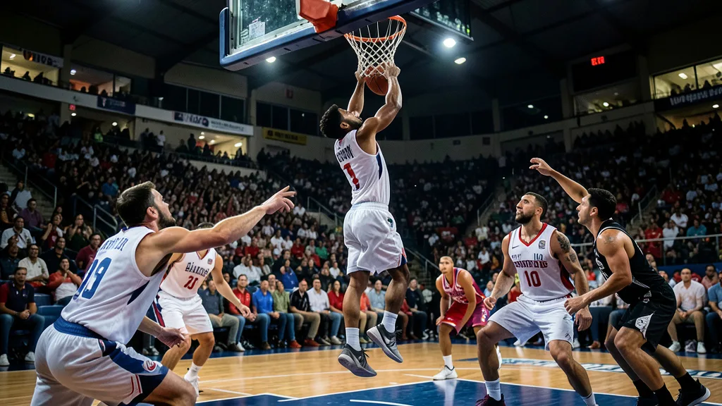 Imagem gerada por IA: Jogador de basquete faz uma enterrada durante partida em ginásio lotado.