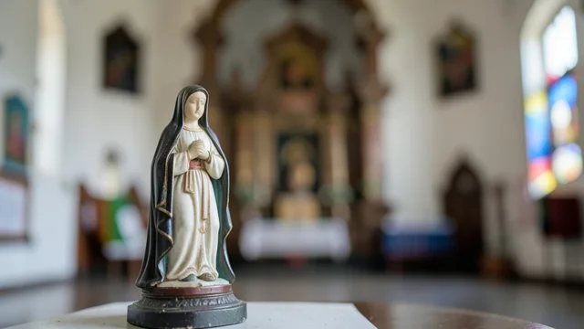 Imagem de Nossa Senhora Aparecida em primeiro plano, diante de uma igreja desfocada.