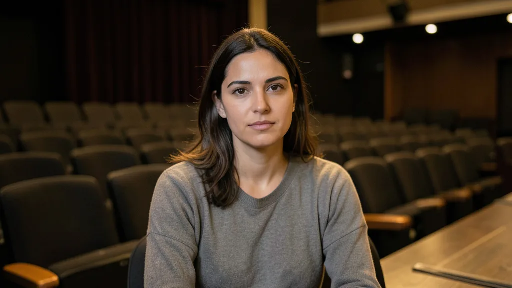 Imagem gerada por IA: Paula Burlamaqui em um espaço de teatro, em retrato neutro.