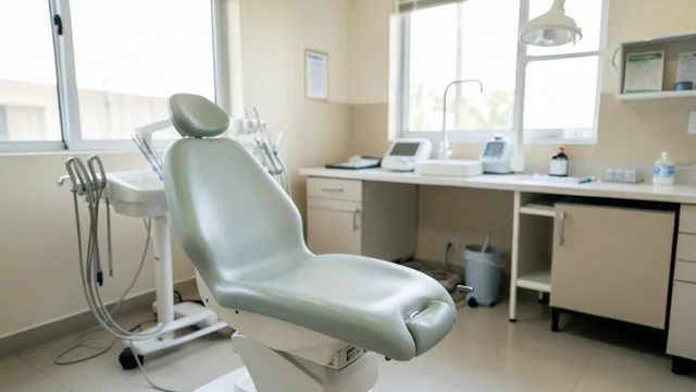 Consultório odontológico vazio em uma faculdade, com cadeira e instrumentos clínicos.