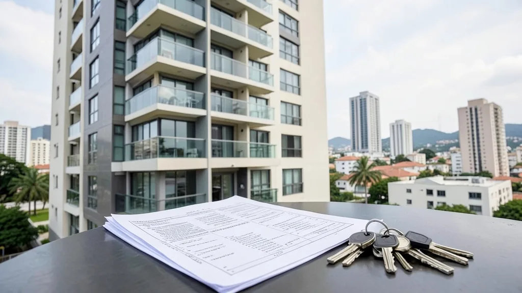 Imagem gerada por IA: Prédio de apartamentos de luxo em Brasília, com documentos imobiliários e chaves em primeiro plano.