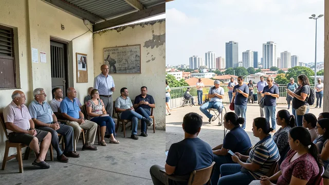 Imagem gerada por IA: Moradores participam de uma reunião comunitária enquanto outras pessoas acompanham política pelo celular.