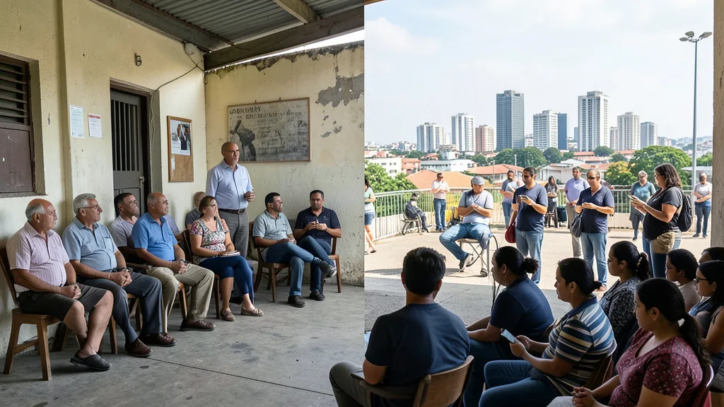 Imagem gerada por IA: Moradores participam de uma reunião comunitária enquanto outras pessoas acompanham política pelo celular.