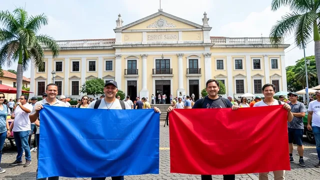Imagem gerada por IA: Palácio Anchieta, sede do governo do Espírito Santo, diante de apoiadores genéricos em clima eleitoral.