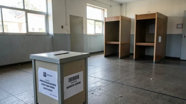 Imagem gerada por IA: Urna eletrônica e cabines de votação em uma seção eleitoral vazia.