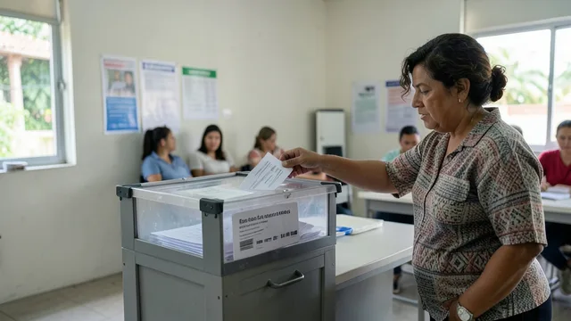 Imagem gerada por IA: Eleitor deposita uma cédula em uma urna em local de votação.