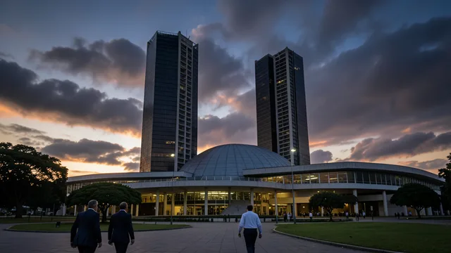 Imagem gerada por IA: Congresso Nacional em Brasília ao entardecer, em imagem que representa o debate sobre anistia.