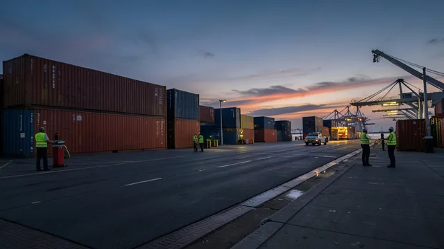Imagem gerada por IA: Área de inspeção de cargas em um porto europeu, com contêineres ao fundo.