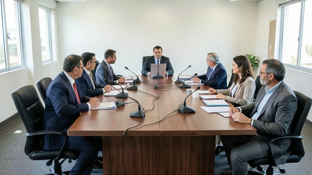 Imagem gerada por IA: Reunião política em uma sala de conferências, com participantes discutindo em torno de uma mesa.