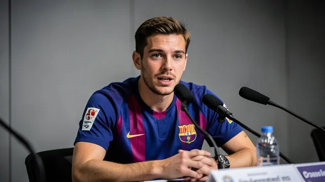 Imagem gerada por IA: Pedri fala durante uma entrevista coletiva antes do jogo.