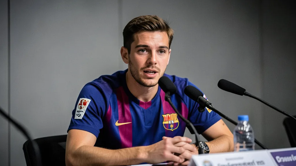 Imagem gerada por IA: Pedri fala durante uma entrevista coletiva antes do jogo.