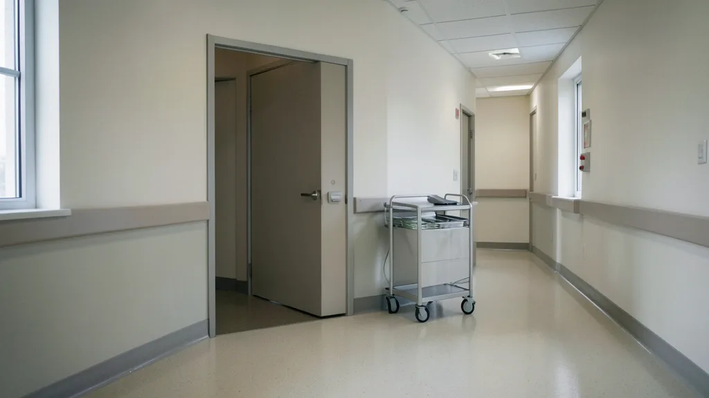 Imagem gerada por IA: Corredor de hospital com uma sala de atendimento ao fundo e um carrinho médico.
