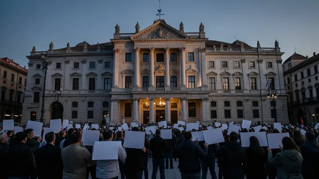 Imagem gerada por IA: Manifestantes diante do Parlamento espanhol, em Madri, durante o debate sobre a crise de moradia.