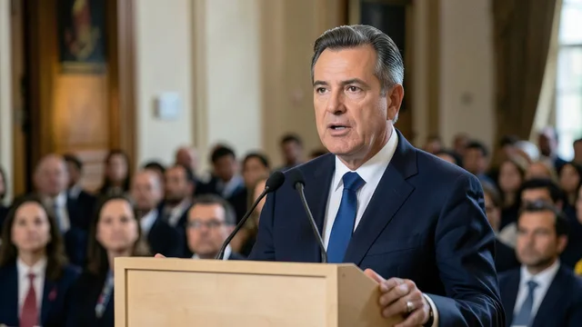 Imagem gerada por IA: Pedro Sánchez fala em um evento público em um ambiente institucional.