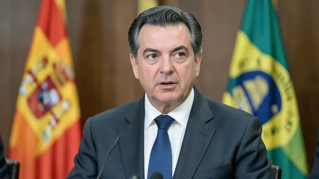 Imagem gerada por IA: Pedro Sánchez fala em um evento público, com bandeiras da Espanha e do Brasil ao fundo.
