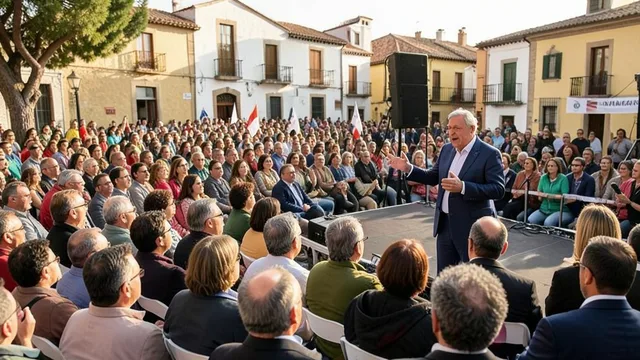 Imagem gerada por IA: Pedro Sánchez discursa para apoiadores em um ato de campanha na Espanha.
