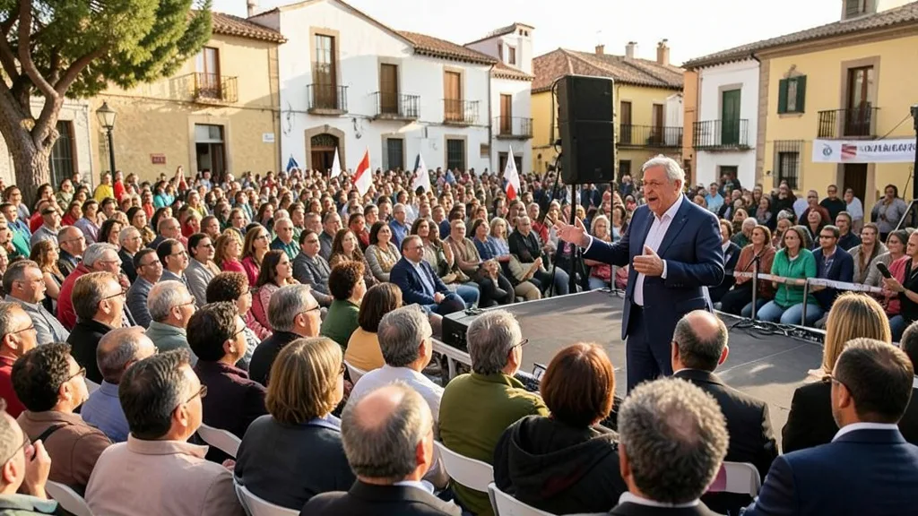 Imagem gerada por IA: Pedro Sánchez discursa para apoiadores em um ato de campanha na Espanha.