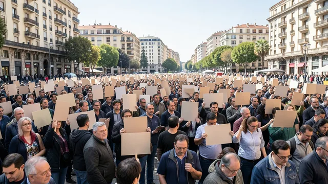 Imagem gerada por IA: Manifestantes se reúnem em uma praça de Madri durante protesto por moradia acessível.